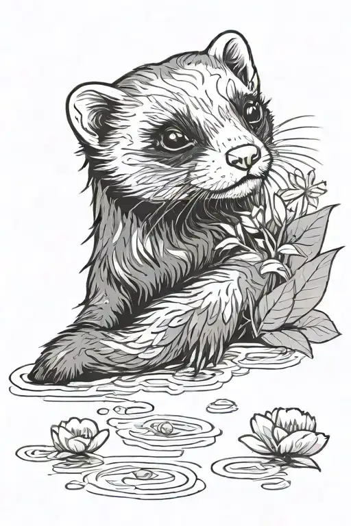 A cute ferret on his back swims along the river with flowers. The ferret has a fluffy tail and a pronounced mustache tattoo design idea