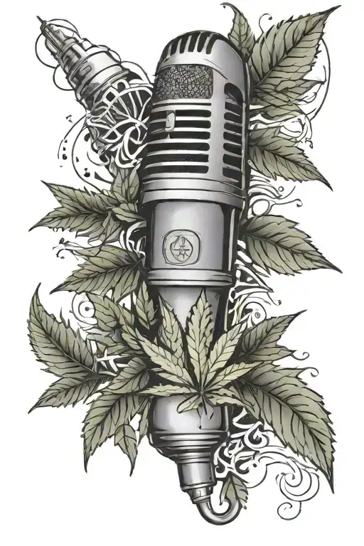A unique tattoo design of a microphone shaped like a marijuana leaf with alcohol bottles in the background tattoo design idea