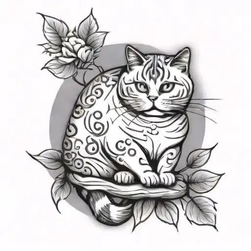A cute fat cat hangs on a twip and everything is in cherry bloss tattoo design idea