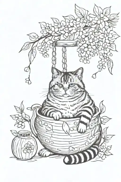 A cute fat cat hangs on a twip and everything is in cherry bloss tattoo design idea
