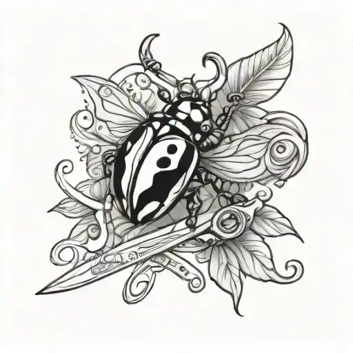 name with lady bug and hair scissors cutting tattoo design idea