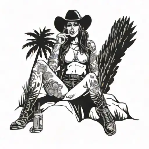sexy nude cowgirl holding a beer and sitting with legs crossed in boots on a rock on a beach with palm trees and a cactu tattoo design idea