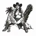 sexy nude cowgirl holding a beer and sitting with legs crossed in boots on a rock on a beach with palm trees and a cactu tattoo design idea