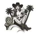 sexy nude cowgirl holding a beer and sitting with legs crossed in boots on a rock on a beach with palm trees and a cactu tattoo design idea