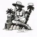 sexy nude cowgirl holding a beer and sitting with legs crossed in boots on a rock on a beach with palm trees and a cactu tattoo design idea