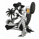 sexy nude cowgirl holding a beer and sitting with legs crossed in boots on a rock on a beach with palm trees and a cactu tattoo design idea