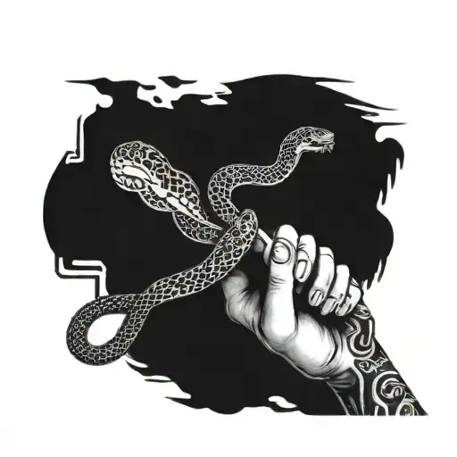 words trust no one. snake bitting a hand  tattoo design idea