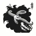 words trust no one. snake bitting a hand  tattoo design idea