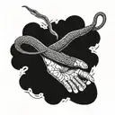 words trust no one. snake bitting a hand  tattoo design idea