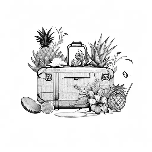 A sketch of a suitcase overflowing with tropical flowers and cocktail ingredients tattoo design idea