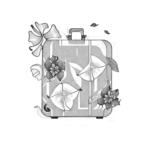 A sketch of a suitcase overflowing with tropical flowers and cocktail ingredients tattoo design idea