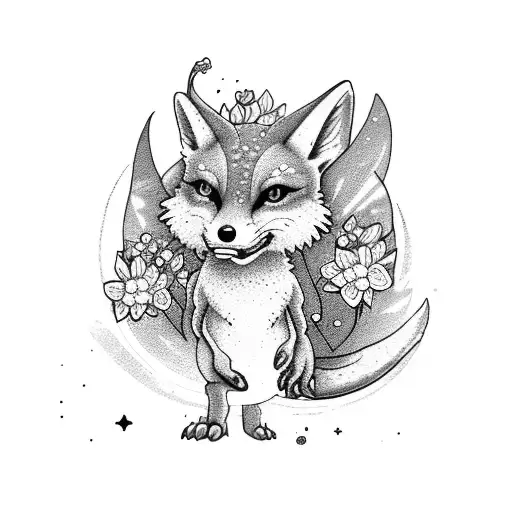 t-Rex fairy fox with flowers tattoo design idea