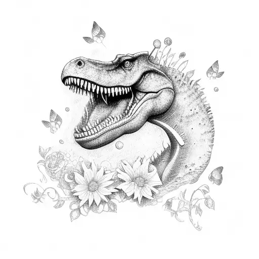 t-Rex and fairy and fox with flowers tattoo design idea