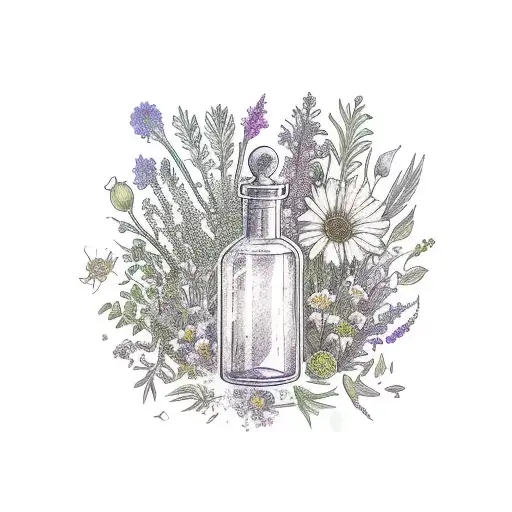 Magical potion bottles surrounded by various herbs and flowers tattoo design idea