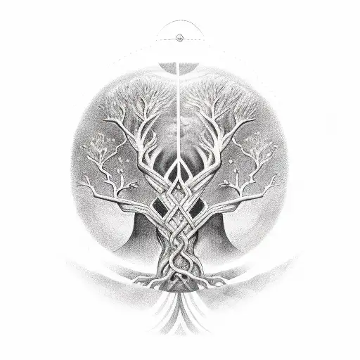 Between Thor and Athena, a sacred tree grows, merging elements from Yggdrasil (Norse) and the olive tree (Greek), linkin tattoo design idea