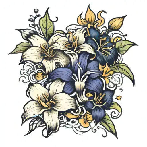 floral piece with orchids and tiger lilies intertwined tattoo design idea