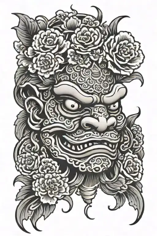 toad oni mask with flowers tattoo design idea