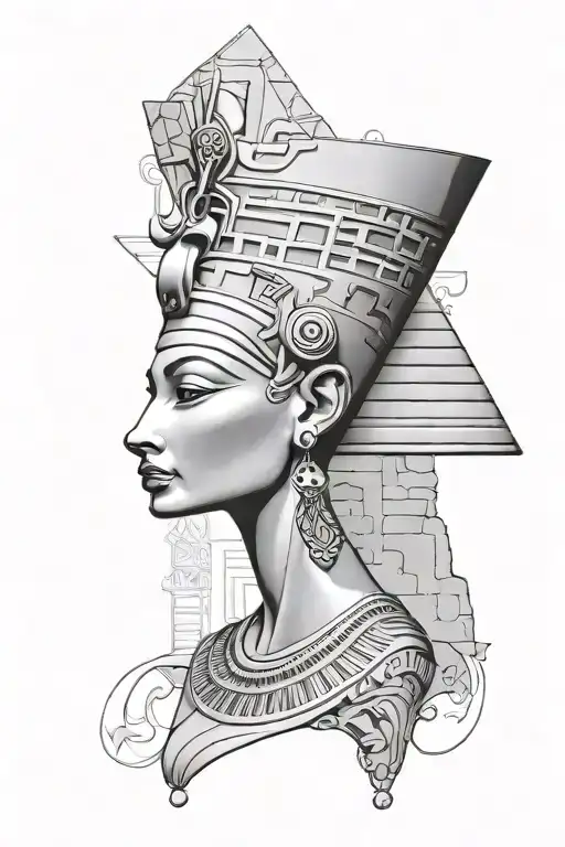 queen Nefertiti hieroglyphics in background black and white tattoo design idea