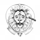 A fierce lion wearing a Roman gladiator helmet and holding a lyre, symbolizing strength and passion for music. tattoo design idea
