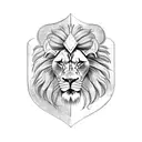 A fierce lion wearing a Roman gladiator helmet and holding a lyre, symbolizing strength and passion for music. tattoo design idea