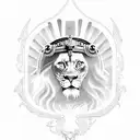 A fierce lion wearing a Roman gladiator helmet and holding a lyre, symbolizing strength and passion for music. tattoo design idea
