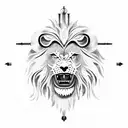 A fierce lion wearing a Roman gladiator helmet and holding a lyre, symbolizing strength and passion for music. tattoo design idea
