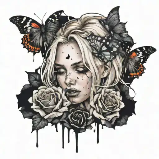 beautiful girl with blond hair bleeding from her eyes and crying surrounded by black roses and black butterflies  tattoo design idea