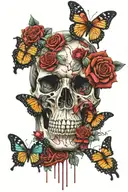 Skulls bleeding from eyes surrounded by butterflies and roses tattoo design idea
