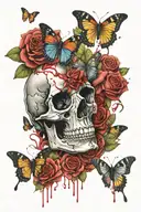Skulls bleeding from eyes surrounded by butterflies and roses tattoo design idea