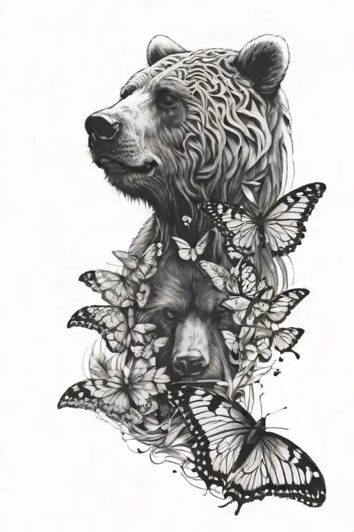 top half of a bears face with a space where the snout is and metamorphic butterfly lower half below that space.  tattoo design idea