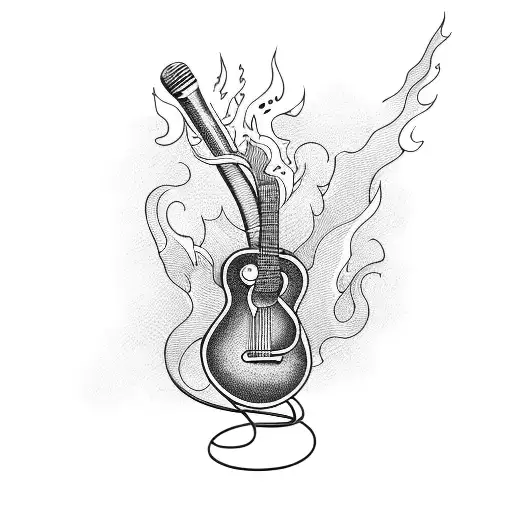 A guitar and a microphone intertwined with flames tattoo design idea