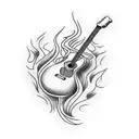 A guitar and a microphone intertwined with flames tattoo design idea