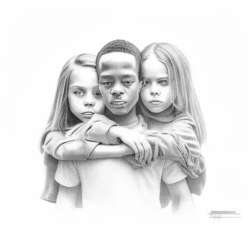 A black and grey portrait of three siblings holding hands, showcasing their strong connection tattoo design idea