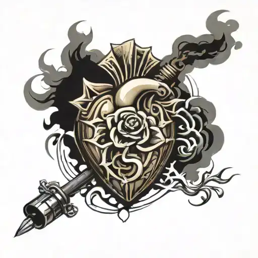 Loin face on top grenade human heart on the bottom with smokes surrounding them  tattoo design idea