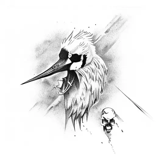 angry crane bird hunting the skull tattoo design idea