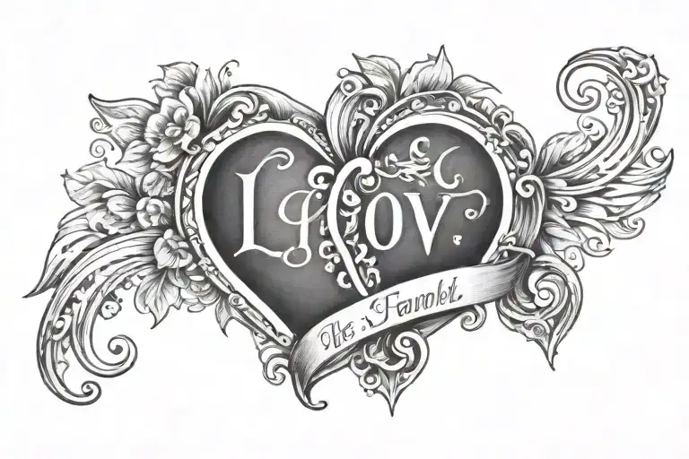 Heart with initials S J M and the word 'love' and 'family' tattoo design idea