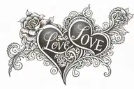 Heart with initials S J M and the word 'love' and 'family' tattoo design idea