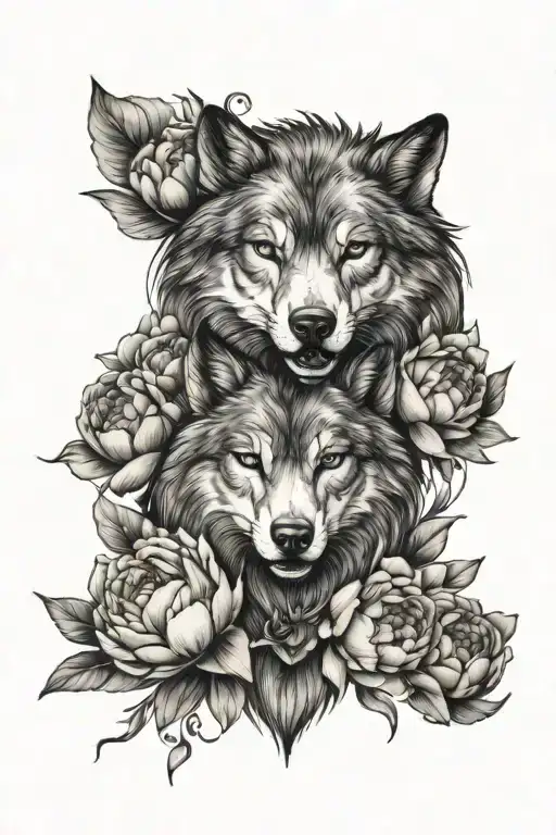 wolf face and peonies with flowers tattoo design idea