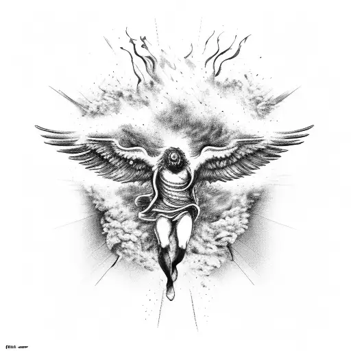 icarus falling with wings attched to his arms, wax melting and fethers at end on fire tattoo design idea