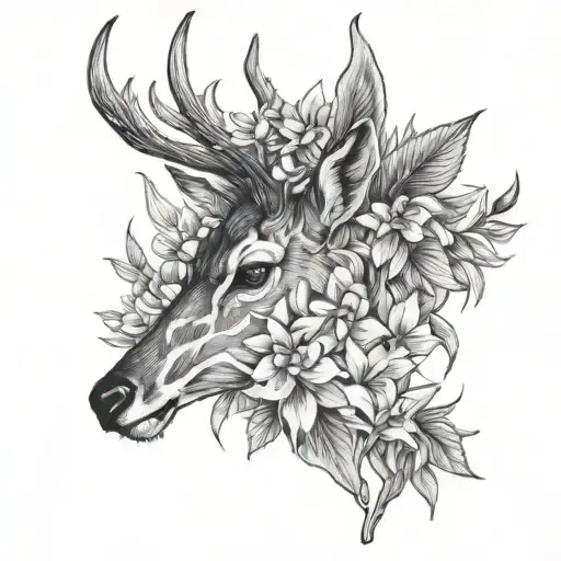 fallow deer head with larkspur and Gladiolus flowers incorporated and a cannabis leaf, black and shade, inner forearm  tattoo design idea