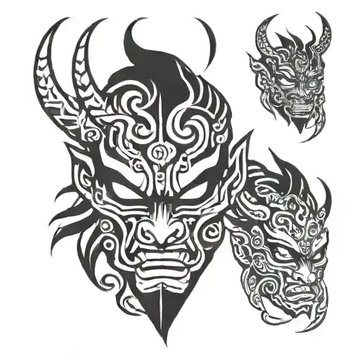 oni mask split in half dmeon half face tattoo design idea