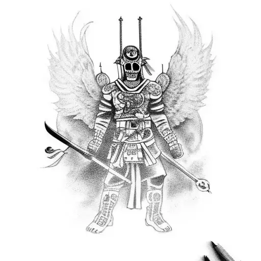 create me a  sleeve tattoo with the wonen from dias de los muertos , with a japanese warrior and Michael the archangel.  tattoo design idea