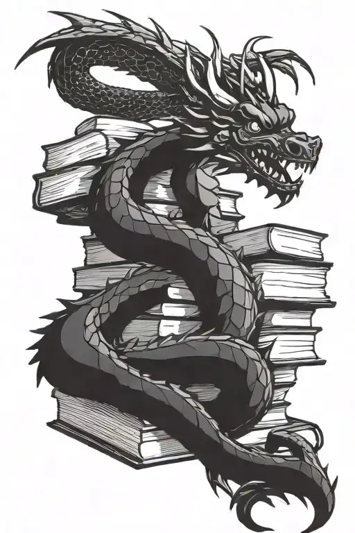 A dragon curled around a stack of books tattoo design idea