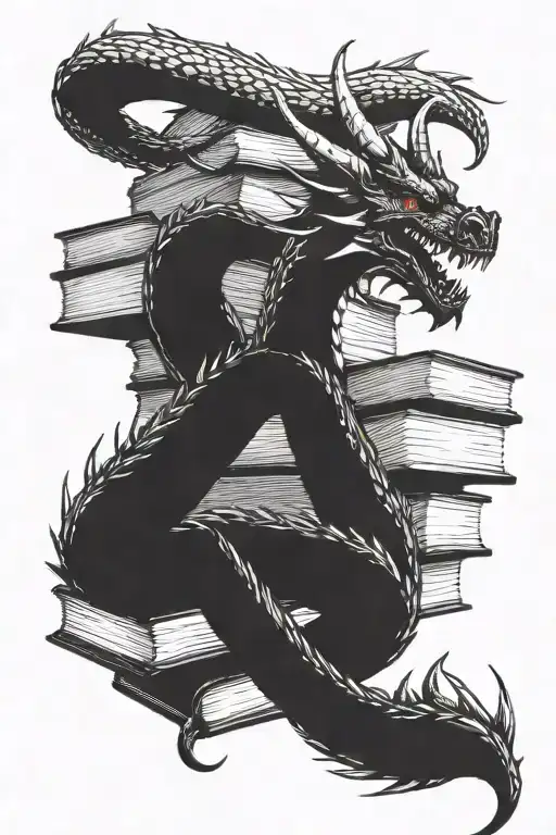 A dragon curled around a stack of books tattoo design idea