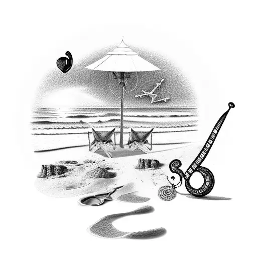 A beach landscape with a lucky horseshoe and musical instruments scattered around, combining the client's love for the beach, luck, and music tattoo design idea