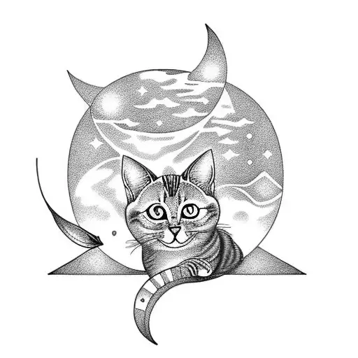 A black-grey tattoo of a cat sitting on a crescent moon with musical notes floating around tattoo design idea