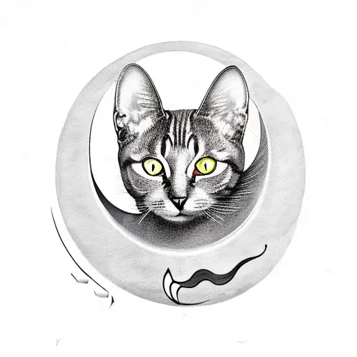A black-grey tattoo of a cat sitting on a crescent moon with musical notes floating around tattoo design idea