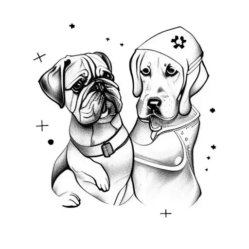 A sketch-style tattoo of a nurse holding hands with a dog on a beach under a full moon tattoo design idea