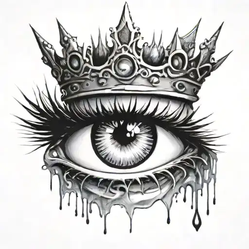 tatoo of an eye with vertical pupils above it is a spiky gothic crown and bellow the eye are some japanese brush marks  tattoo design idea