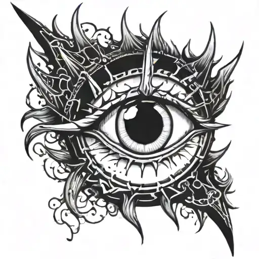 tatoo of an demon eye above it is a spiky gothic crown and bellow the eye are some claws or japanese brush marks  tattoo design idea